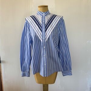 Women's Blue and White Striped Button-Down Shirt with Sailor Collar